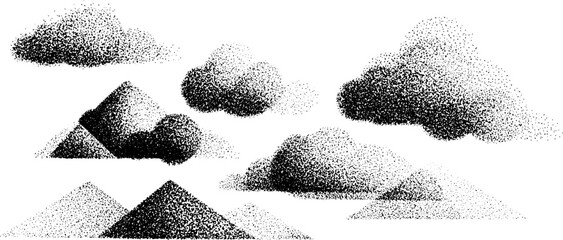 Stippling dotwork illustration of polygonal mountains and clouds for artistic design