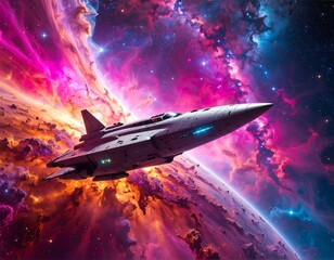 Futuristic spacecraft in vibrant nebula