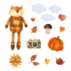 Watercolor autumn set with cute fox, clouds, autumn leaves, mushroom, pumpkin, retro camera, hearts, flowers. Perfect for nursery design, stickers, cards, invitations.