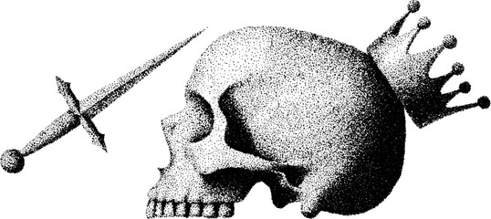 Stipple dotwork skull with crown and sword - intricate tattoo design inspiration