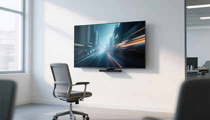 Modern 3D TV mockup in office setting white wall professional display