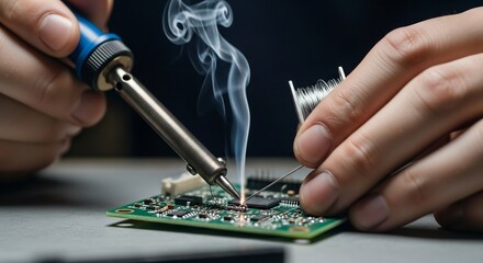 Person soldering intricate circuit board components with hot iron and solder wire, creating smoke in a workshop setting