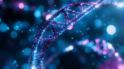 A close up view of a dna strand with a dark background and bokeh lights in blue and pink colors