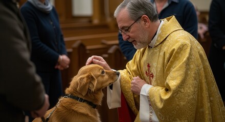 Priest Blessing a Dog During Blessing of the Animals Ceremony