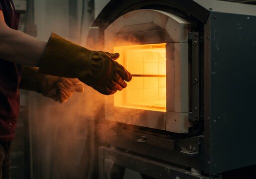 Industrial Worker with Protective Gloves Carefully Places Item into Glowing Hot Furnace for Craftsmanship