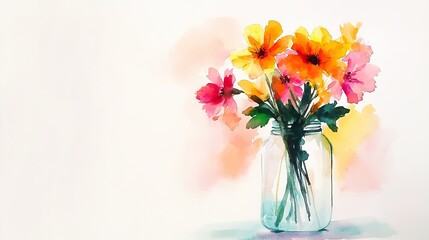 Watercolor painting of orange and pink flowers in a glass jar, simple and colorful, on a white background. 