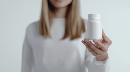 Woman holding a vitamin bottle with outstretched hand, blurred background, 
