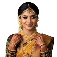 Beautiful indian bride adorned with traditional gold jewelry and makeup, wearing a silk saree, smiling elegantly, isolated on transparent background