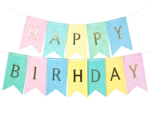 “Pastel Birthday Bunting Banner with Hanging Letters, isolated on transparent background”.