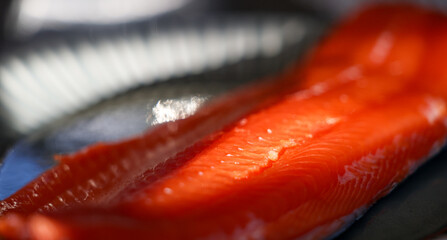 Vibrant red meat on a raw fillet of fresh caught wild Coho Salmon. The fish is healthy food. 