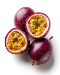 Fresh Purple Passion Fruit Halved Whole Isolated White Background