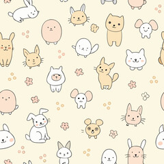 Obraz premium Seamless pattern with rabbit, cat, dog, bear and mouse for kids textile isolated on white background
