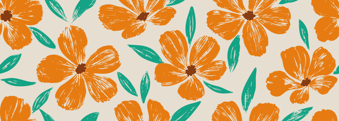 Seamless pattern painting flowers and leaves background vector. Wallpaper design with hand draw retro flowers, bouquets, leaves. Vintage botanical floral pattern, fabric and retro texture