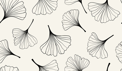 seamless pattern of hand draw floral outline black and white line art ginkgo biloba leaves. Linear ginko leaf. for wall decoration, postcard or brochure cover design.