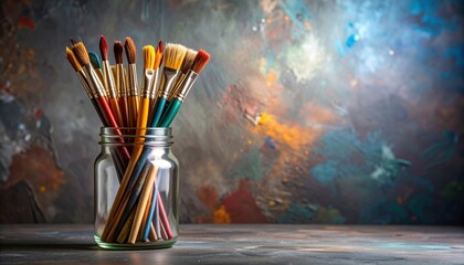 Collection of paintbrushes in glass jar with abstract colorful background, symbolizing creativity and artistic tools…