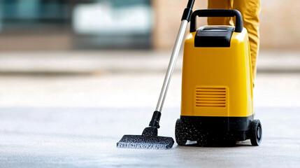 Fototapeta premium Yellow industrial cleaning machine with black hose spraying water on concrete floor, worker operating equipment outdoors