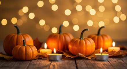 Obraz premium Thanksgiving Background with Pumpkins, Candles and Autumn Leaves on Wooden Table 