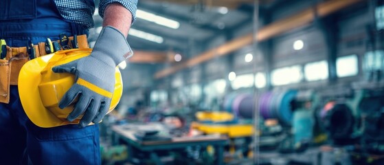 The construction worker holding a yellow hard hat in a busy workshop setting.