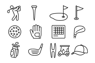 Golf icons set: outline style for sports equipment and accessories
