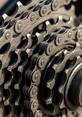 Closeup macro shot of a worn bicycle chain and gears, showcasing the intricate mechanical details