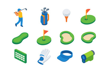 Isometric golf elements featuring golfer, equipment, and course essentials