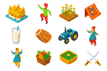 Cultural icons of punjab: traditional dance, cuisine, and agriculture isometric set