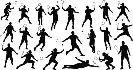 Badminton player silhouette, sports action poses, racket game vector, shuttlecock hitting graphic, athletic icon design, competitive match illustration, outdoor and indoor badminton art