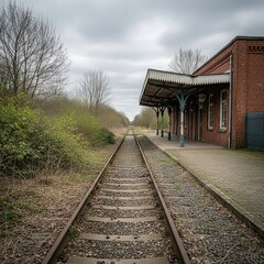 Fototapeta premium An abandoned train station with weathered brick building and overgrown tracks under a moody, overcast sky