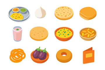 Isometric indian food collection with traditional dishes and snacks