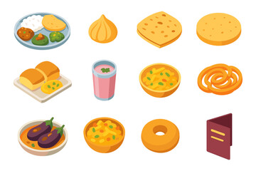Indian cuisine isometric set featuring popular dishes and snacks