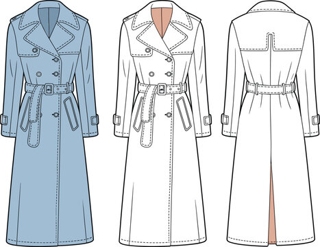 Cad drawing flat vector illustration of women's long trench coat, fashion technical sketch, front and back view, stylish outerwear design.