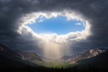 Fototapeta premium Dramatic hole in dark storm clouds, swirling sky with thunderstorm and turbulence, majestic natural cloudscape, mysterious light breaking through, epic atmospheric scene, fantasy sky background