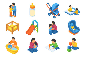 Fototapeta premium Colorful family activities and parenting essentials in isometric design