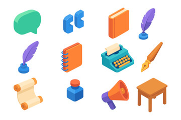Isometric writing tools collection with books, typewriter, and quill