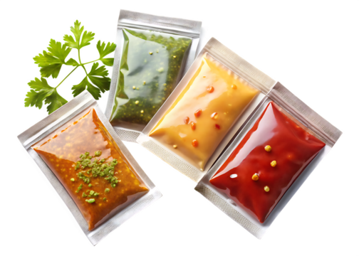 Four Sealed Pouches of Colorful Sauces and Spices with Parsley food condiment isolated on a transparent background