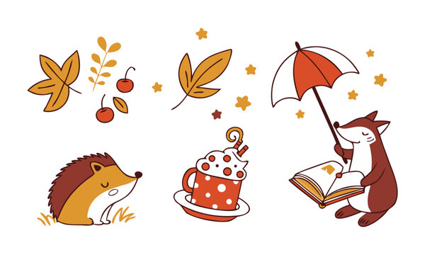 Cute Autumn Lettering and Illustration Set with Seasonal Elements, Hello autumn template. Set of autumn essentials and space for text, easily editable.