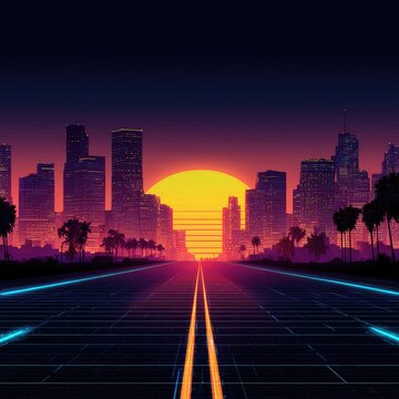 Retro cityscape road. Vivid sunset over a futuristic highway