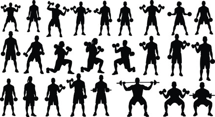 Dumbbell exercise silhouettes, strength training poses, fitness workout icon set, vector illustration, gym art, bodybuilding design, weightlifting graphic, athletic movement, sport icon