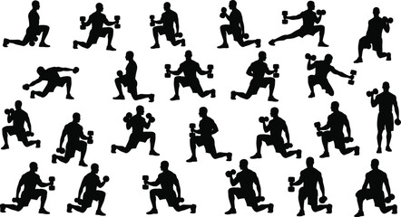 Dumbbell exercise silhouette, fitness training poses, gym workout vector, strength routine graphic, athletic sports icon, bodybuilding design, weight training illustration, functional workout art