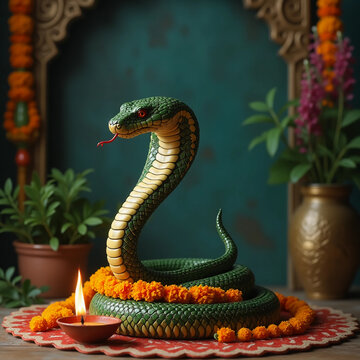 Naag Panchami square background with stylized cobra, marigold and ritual bowl