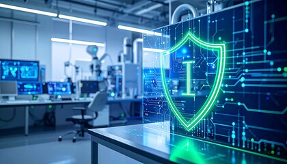 A holographic security shield superimposed over a modern laboratory setting, highlighting digital protection in a futuristic research environment.