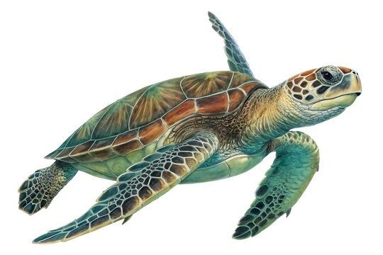 Isolated sea turtle swimming on white background