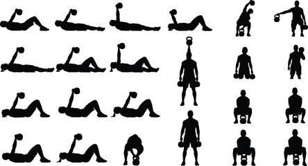 Kettlebell Exercise Silhouettes – Fitness Poses with Kettlebell Press, Swing, Turkish Get-Up, Squat, Strength Training, Weightlifting