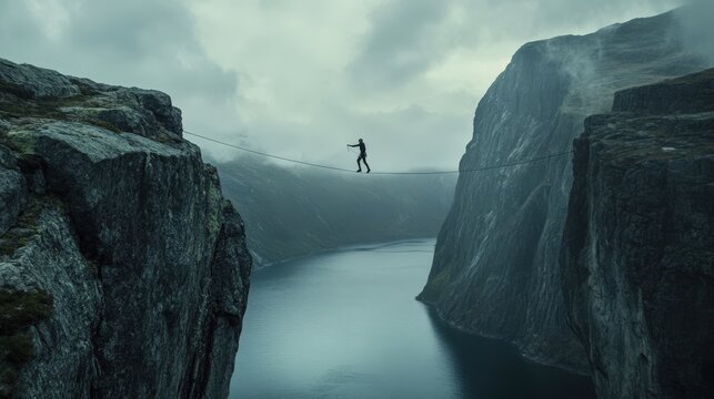 A person walks a tightrope high above a fjord.