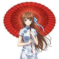 Beautiful asian woman in traditional dress holding a red umbrella, exuding elegance and cultural charm, isolated on transparent background