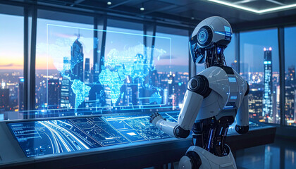Futuristic robot analyzing digital data. Robot interactive holographic display. High-tech robot in futuristic command center. AI-driven robot controlling digital system. Robot analyzing world data
