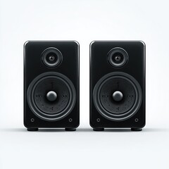 Two black, rectangular speakers on a white background