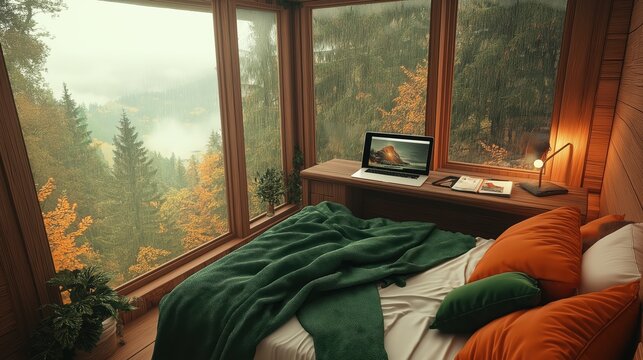 A cozy mountaintop tiny house bedroom with green blankets, orange pillows, wood floors, and a rainy forest view. Warm lighting creates an aesthetic and peaceful atmosphere. - Powered by Adobe