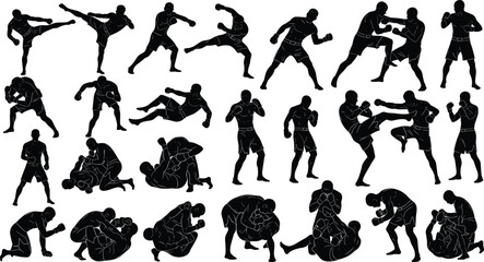 Mixed Martial Arts Silhouettes, MMA Fighting Poses, Boxing and Grappling Techniques, Combat Sports Training, Self-Defense Action Silhouettes