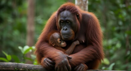 A Mother Orangutans Tender Embrace in the Lush Bornean Rainforest.